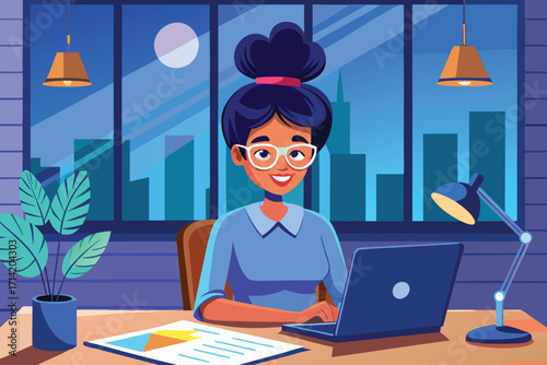 Smiling businesswoman working late on laptop in modern office conveying dedication and success