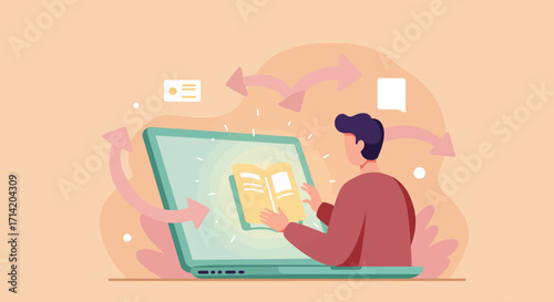 Online learning concept with person reading on laptop in flat design