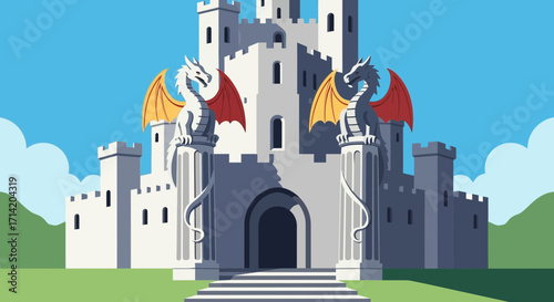 White castle with dragons under a blue sky.