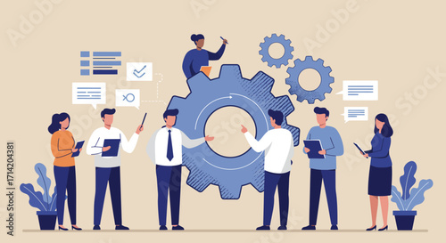 Collaborative teamwork concept with diverse professionals and gear mechanism in flat design