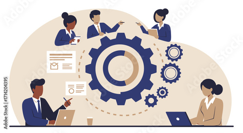 Flat design team collaboration and project management concept with gear symbol