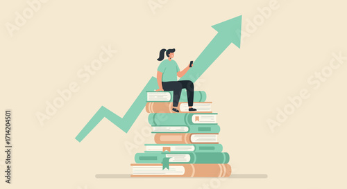 Young woman sitting on books with rising arrow symbolizing growth and success