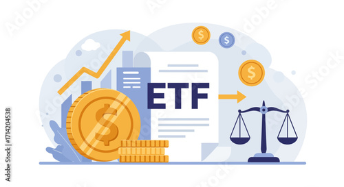 Financial growth concept with etf, gold coins, and balance scale in flat design