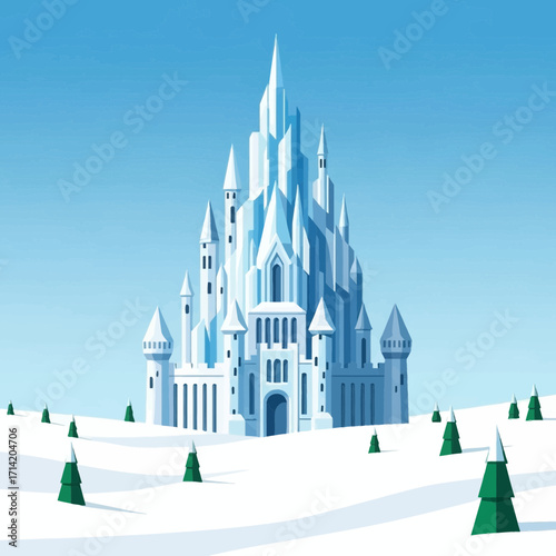 A majestic ice castle stands in a snowy winter landscape.