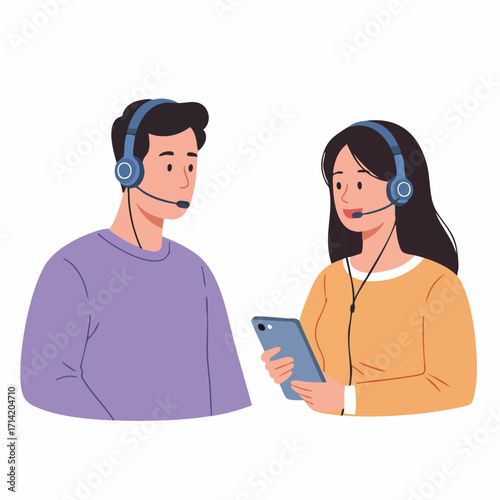 Flat Cartoon Customer Service Team with Headsets and Tablet Illustration