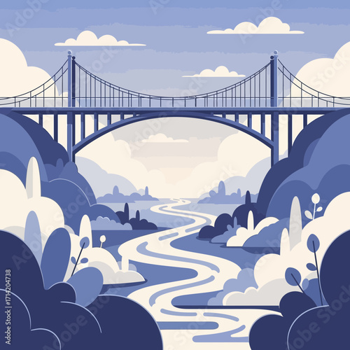 A suspension bridge spans a river valley with stylized trees.