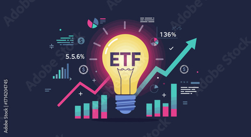 Etf growth concept with light bulb and rising graphs in flat design