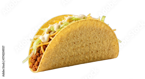 Taco with meat, cheese, lettuce, sauce in a hard shell