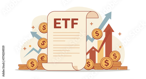 Etf investment growth concept with coins and rising graphs in modern flat design