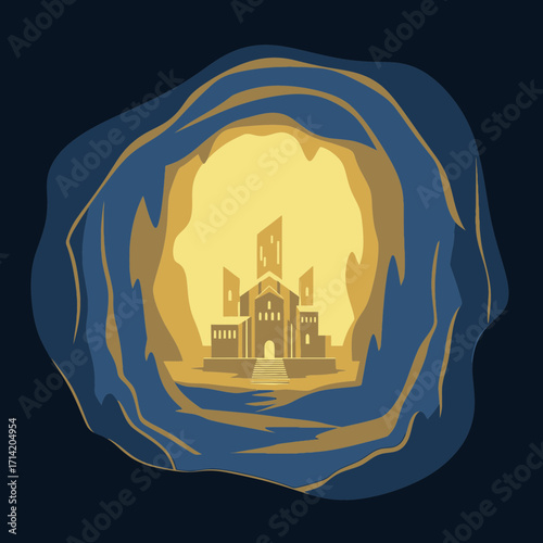 Illuminated cave entrance revealing ancient structure within golden light.