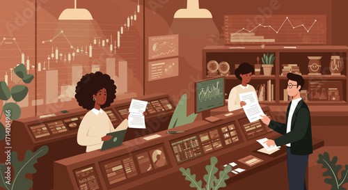 Collaborative teamwork in modern office with data analysis and stock market growth