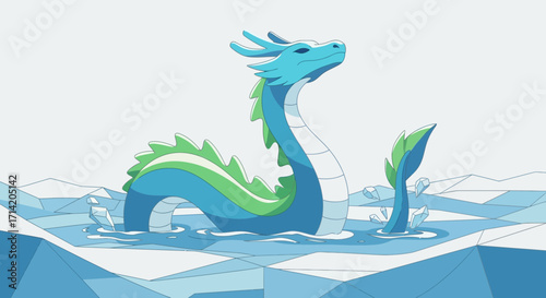 Blue dragon emerges from icy water surrounded by ice floes.