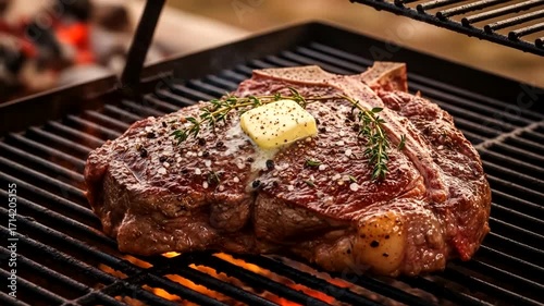 Sizzling T-Bone Steak on Grill with Butter and Rosemary, Flame-Broiled Deliciousness