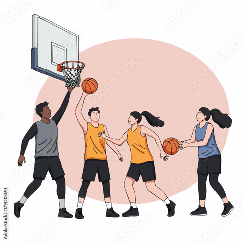 Dynamic Handdrawn Basketball Player Team Action Illustration Sport Graphic