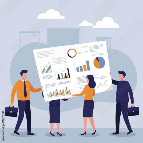 Modern Flat Illustration of Business People Analyzing Data Sheet Report