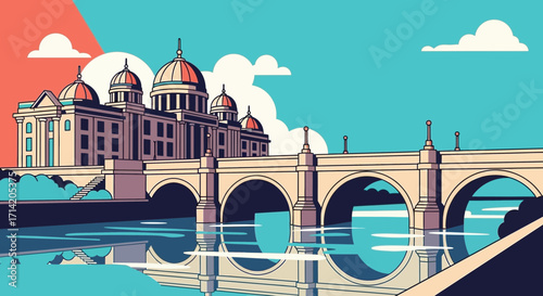 Ornate building and bridge over water with colorful abstract background.
