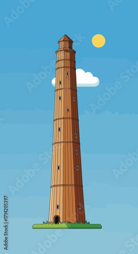 Tall brown tower stands on green grass under blue sky.