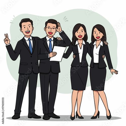 Flat Handdrawn Diverse Business Team Colleagues Success Celebration Illustration