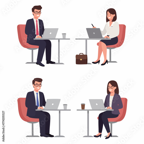 Modern Flat Illustration of Professional People Working On Laptop at Desk