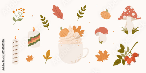 Autumn set with pumpkin spice latte, candles, mushrooms, leaves, berries and cozy fall elements. Cute seasonal illustrations isolated on white background. Perfect for autumn designs, greeting cards