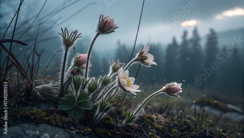 Close up of delicate white and pink flowers in a misty forest landscape with soft lighting and depth
