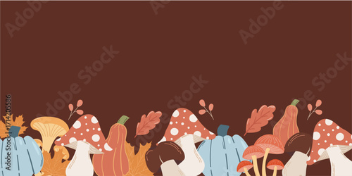 Harvest cute season vector illustration with pumpkins, chanterelles, fly agarics, and autumn foliage. Festive design for Thanksgiving and fall celebrations.