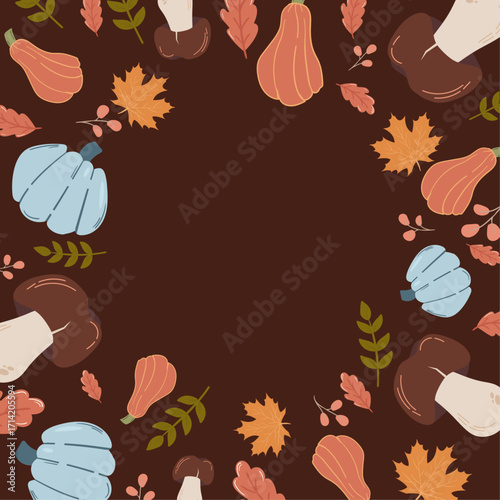Harvest season vector illustration with colorful pumpkins, chanterelles, fly agarics, and autumn foliage. Festive design for Thanksgiving and fall celebrations.