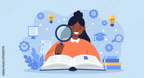 Woman exploring knowledge with magnifying glass in a flat design