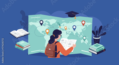 Student exploring global education with map and books in flat design