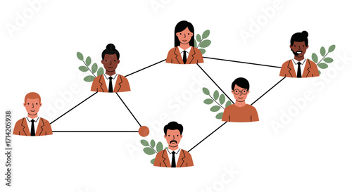 Flat design business network with diverse professionals and connections