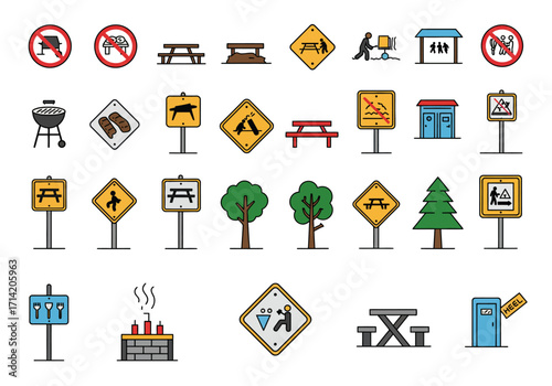 A grid of park signs including picnic tables grills and activities in a colorful vector style