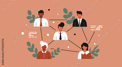 Connected team network with business professionals in flat design