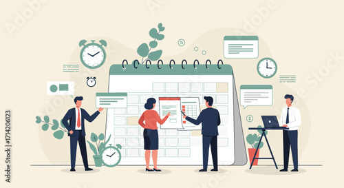 Office team planning around giant calendar with digital devices in flat style