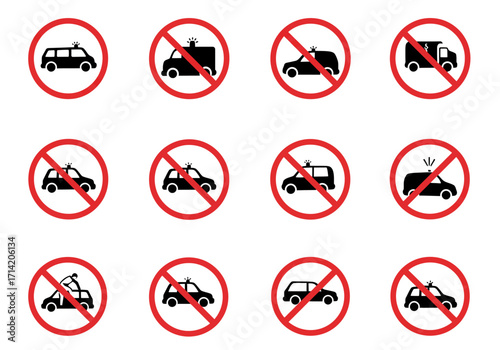 An array of twelve circular signs prohibiting various emergency vehicles set against a stark white background