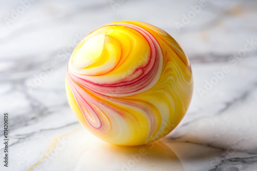 Zesty yellow and citrus pink veins playfully splashing through a frosted white marble base