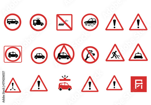 An array of redoutlined road hazardregulatory signs displaying vehicles and symbols