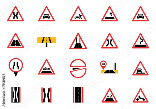 An array of twenty road signs predominantly triangular with red borders and black symbols on a white background