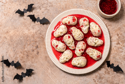 lazy dumplings vareniki with raspberry sauce for Halloween