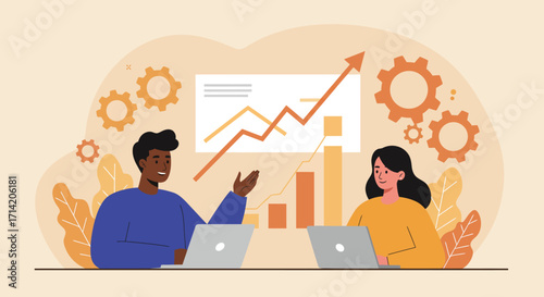 Collaborative teamwork for business growth with data and technology visualization