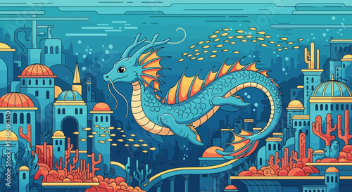 Underwater fantasy city with a mythical sea creature swimming.