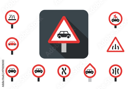 Array of eleven traffic signs with diverse designs displayed against a white backdrop