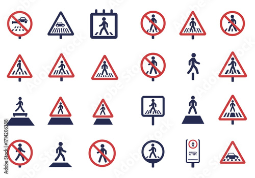 Array of pedestrian crossing and prohibition road signs various shapescolors
