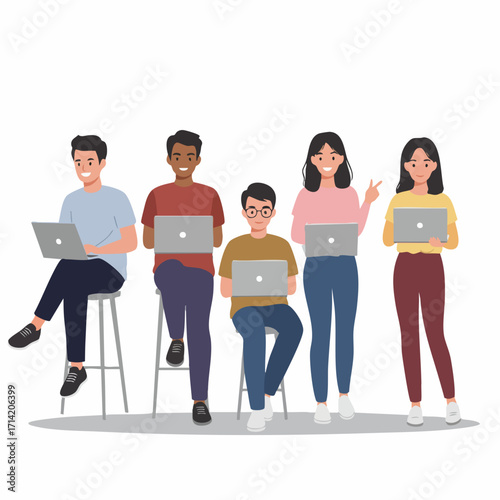 Modern Flat Illustration Group of People Working With Laptop Device
