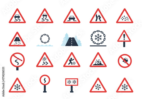 Array of road signs warning for slippery icy conditions and snowrelated hazards