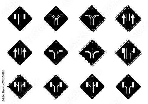 Array of twelve black diamond road signs with white lines indicating merging lane patterns