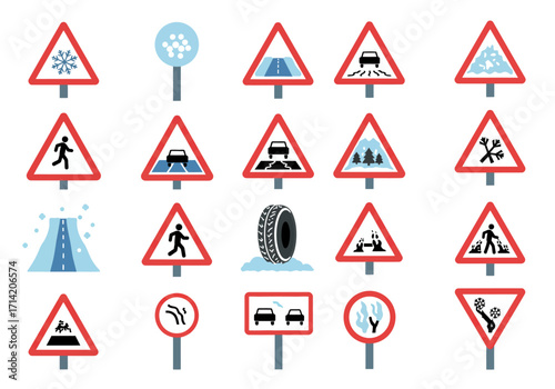 Array of twenty road signs mainly red triangles warning of winter weather conditions and pedestrian hazards