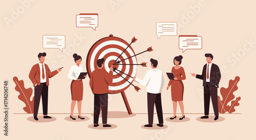 Teamwork and collaboration concept with people hitting targets and exchanging ideas