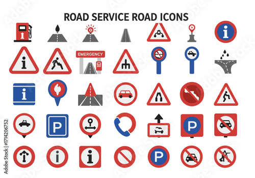 Assorted road service icons featuring various traffic and informational symbols including parking emergencies and information