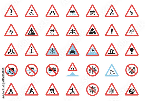 Assorted road warning signs with red borders on a white backdrop