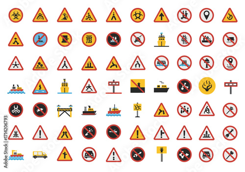 Assorted road  traffic safety signs arranged on a white backdrop